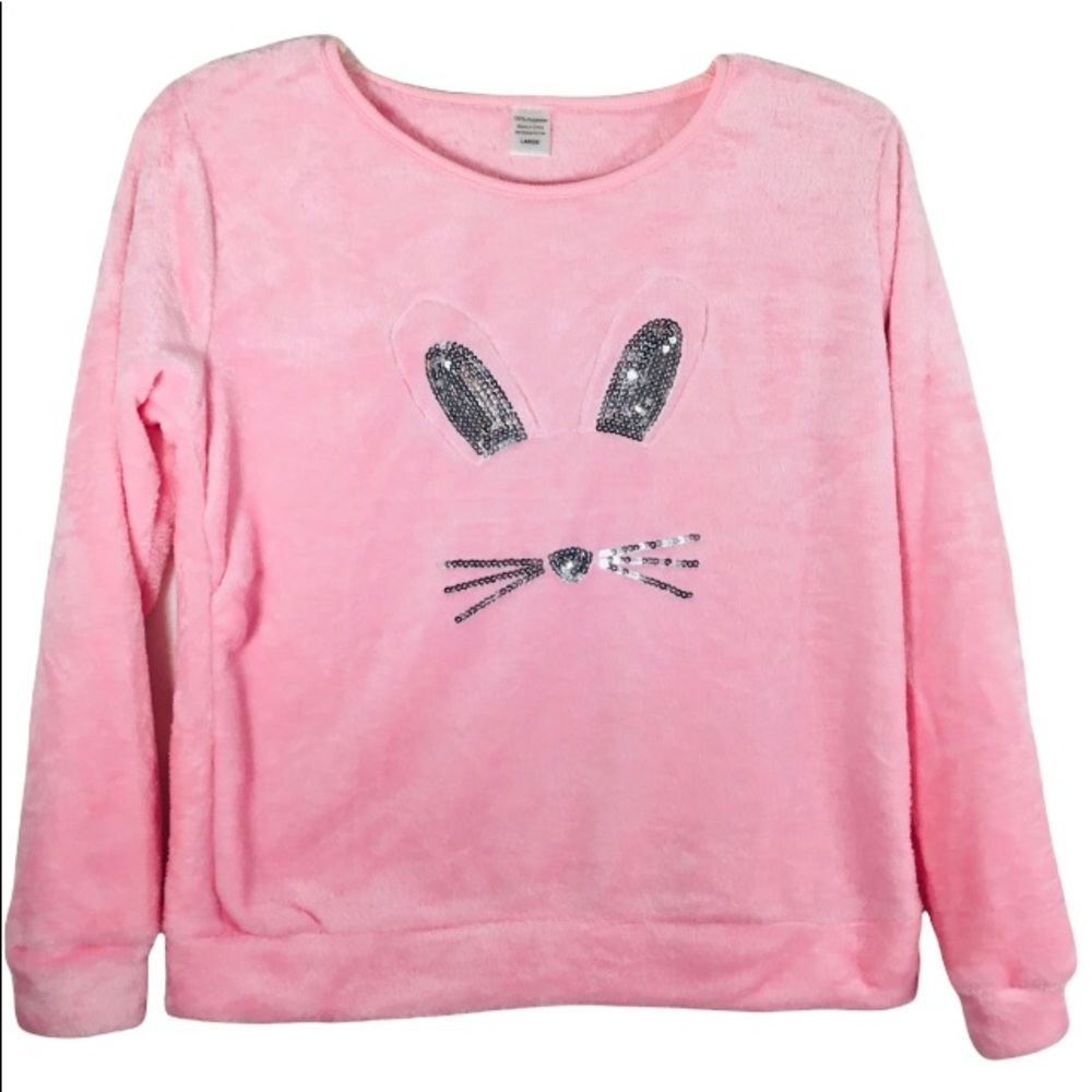 Fuzzy Pink Bunny‎ Silver Sequin Fleece Top Medium NWT Soft Plush Comfy Cozy